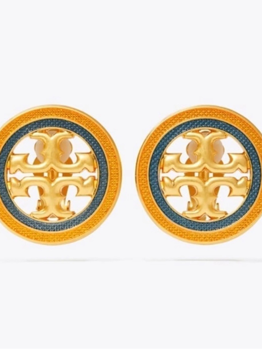 Tory Burch Gold and Navy Logo Clip Earrings